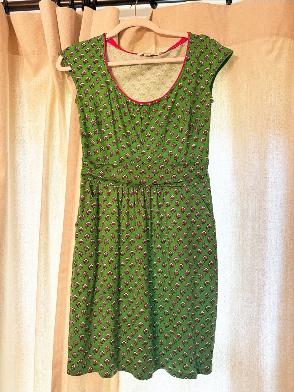 Boden Green Floral Scoop-Neck Dress with Pink Trim
